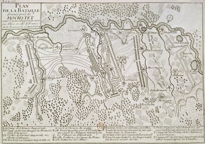 Plan van de Slag bij Blenheim tussen het keizerlijke leger en het Frans-Beierse leger, 13 augustus 1704 door French School